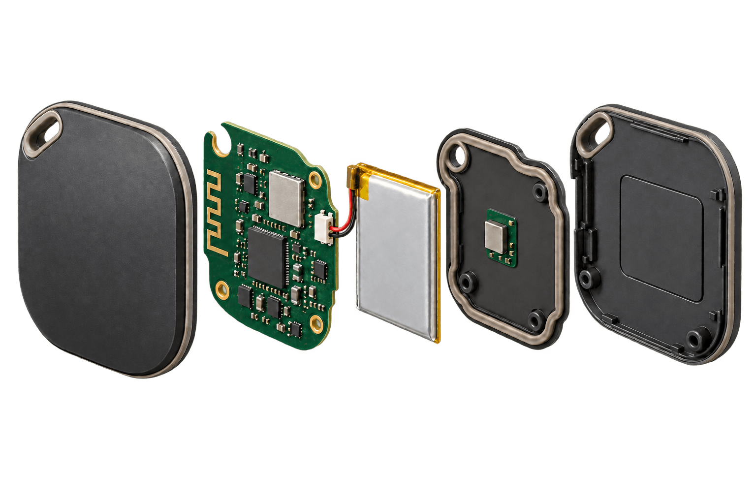 Exploded view of a compact connected tracker showing internal components