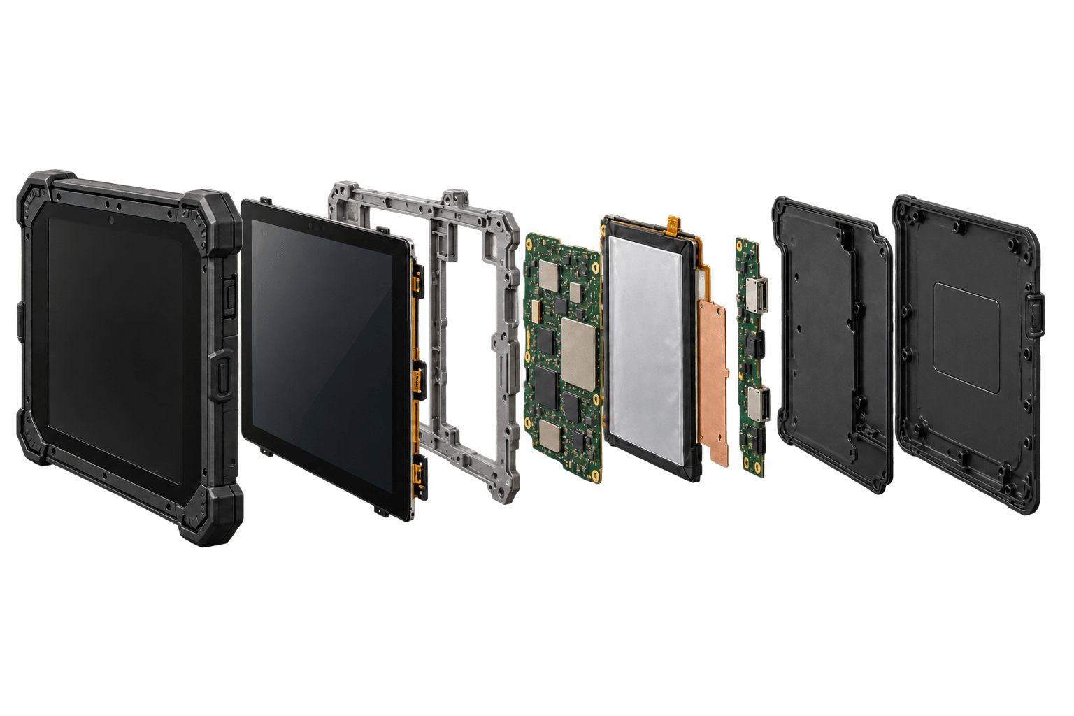 Exploded view of a rugged technology tablet showing internal electronics
